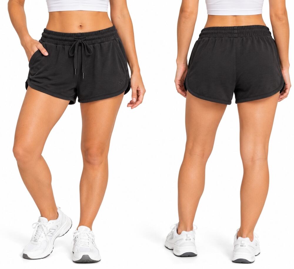 Athleta Women's Shorts M Black Drawstring Dolphin Hem Pockets 4" Inseam